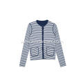 Women's Knitted Striped Button Pocket Crew-Neck Cardigan